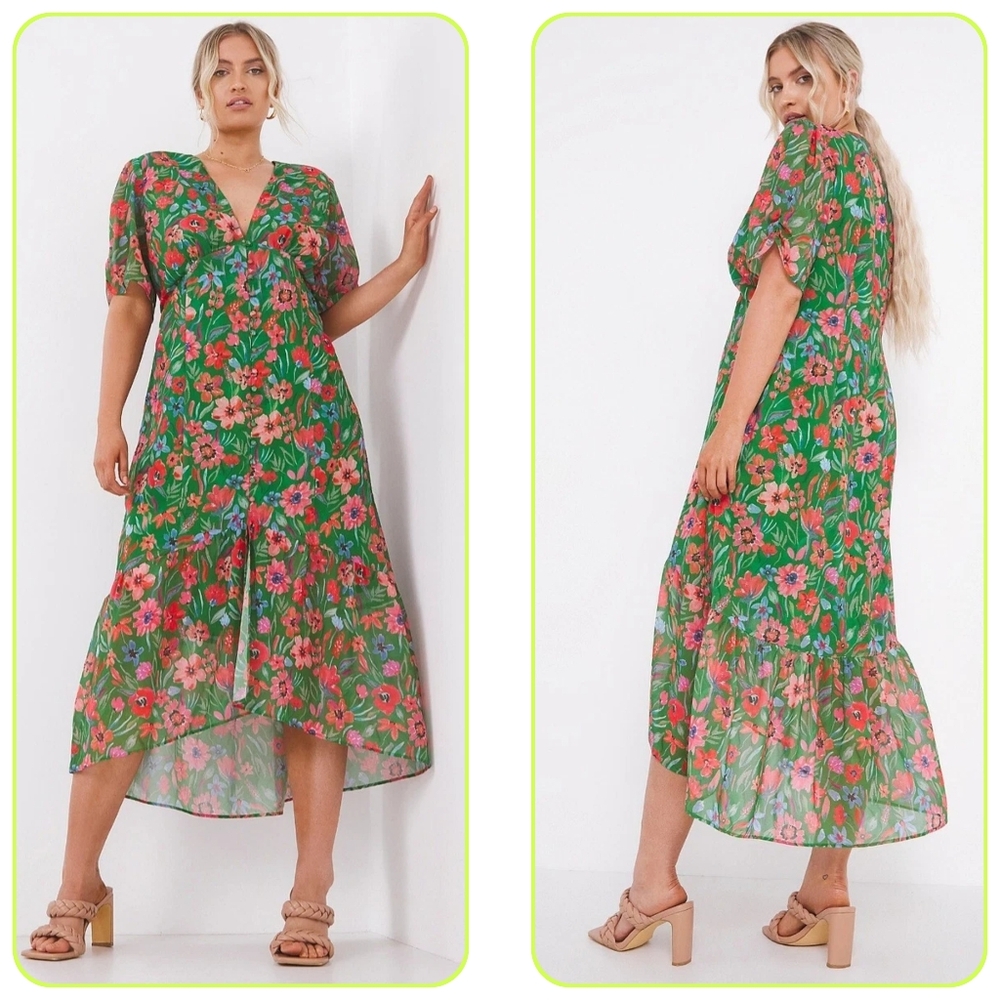 Green Floral V-Neck Tiered Midi Dress